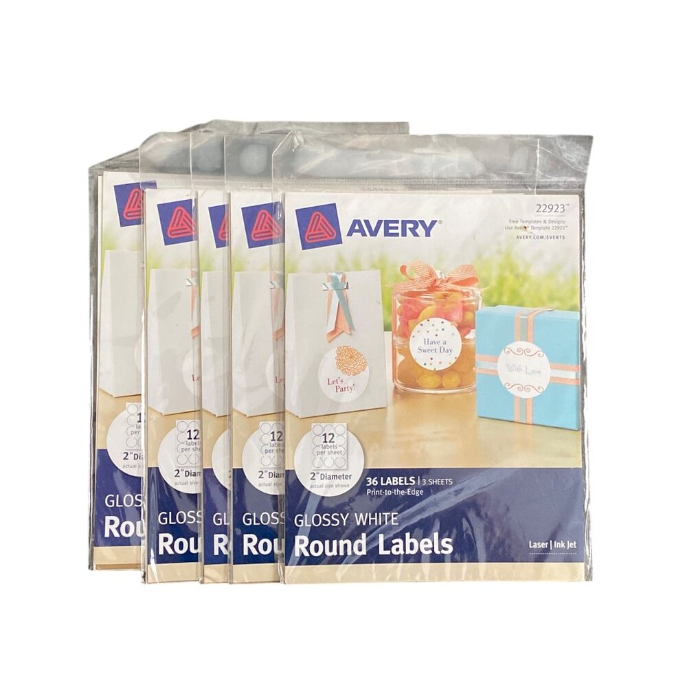 VTG Avery Glossy White Round Labels  2 inch Diameter 36 Labels/3 sheets 22923